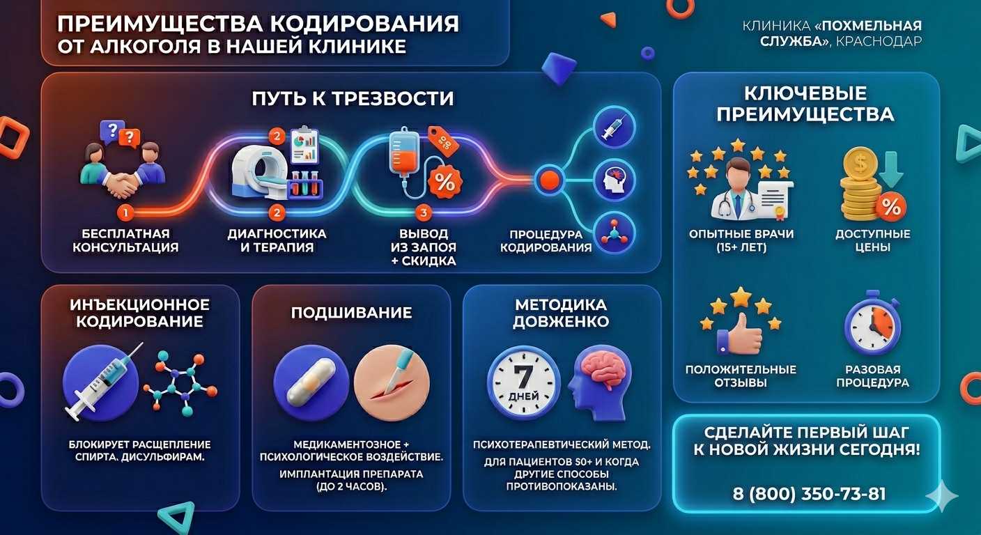 Инфографика о методах кодирования от алкоголя в Новопавловске: инъекции, подшивание, метод Довженко. Преимущества клиники и этапы лечения.