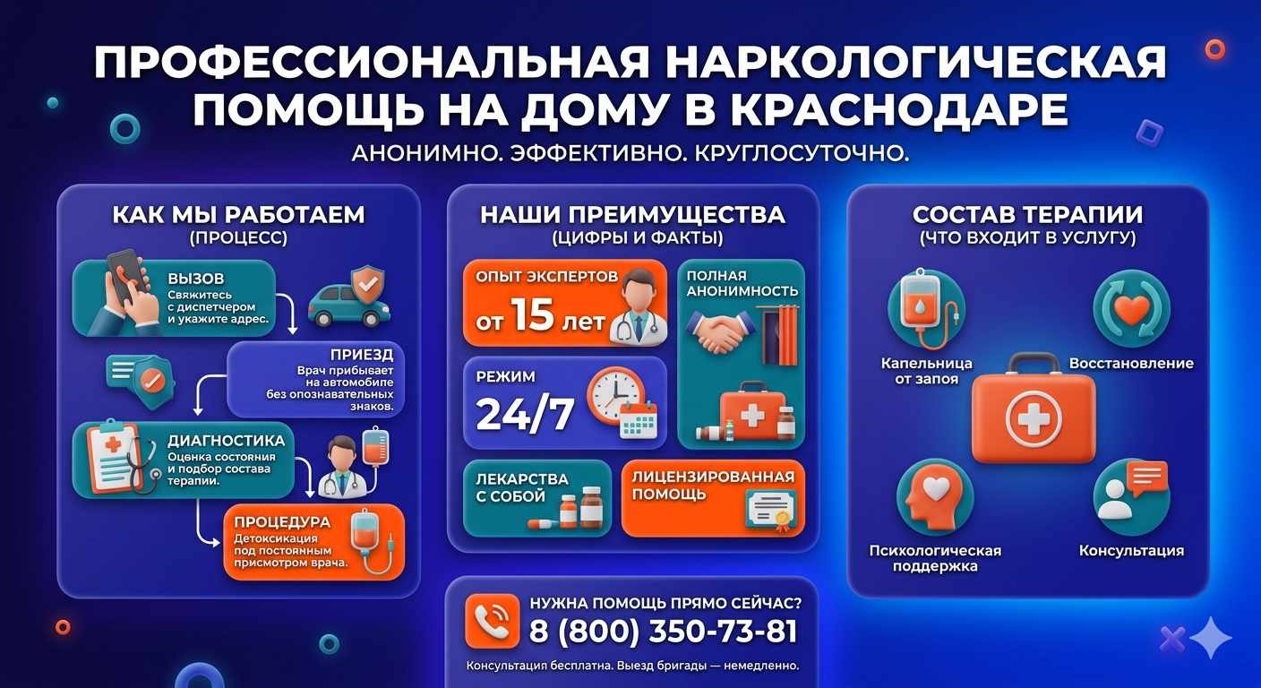 Инфографика о принципах лечения алкоголизма на дому в Новопавловске: этапы вызова нарколога, преимущества анонимной детоксикации и состав медицинской помощи.